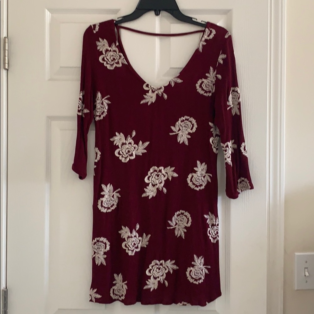 Burgundy Dress with White Embroidered Flowers